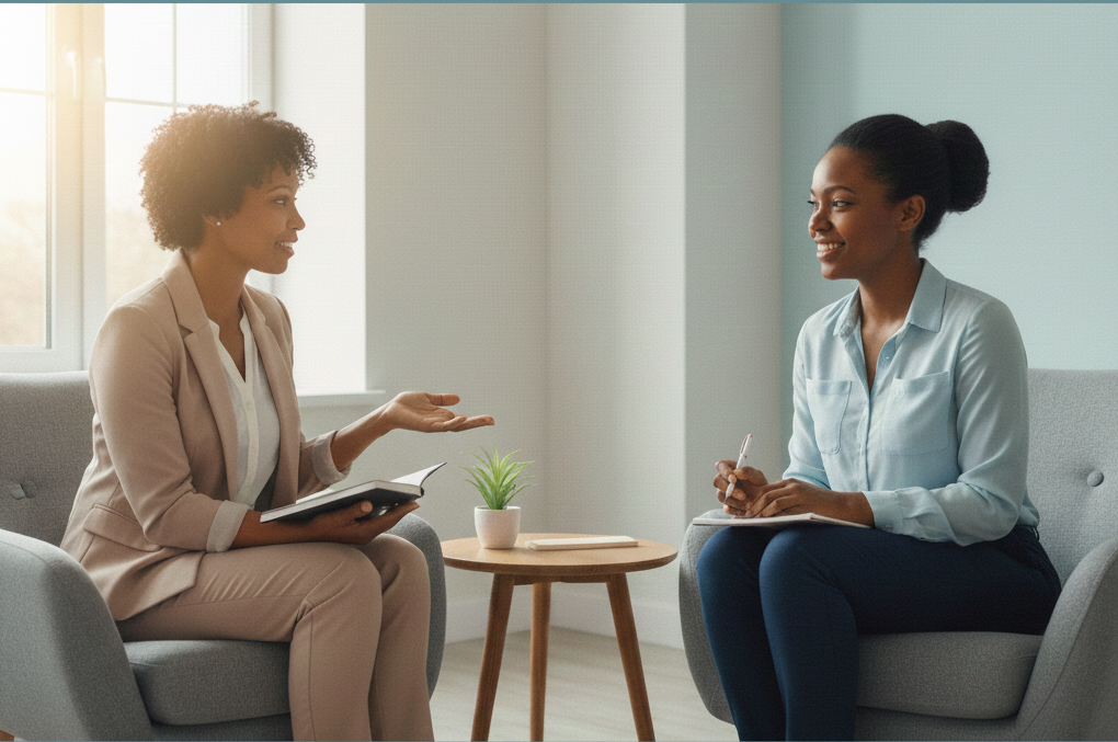 two women talking in an office setting