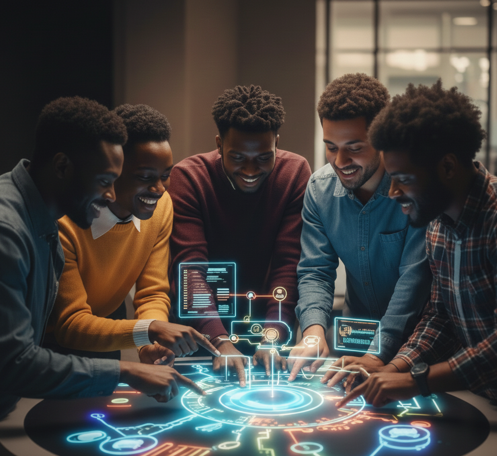 A group of black men engaging with technology and smiling