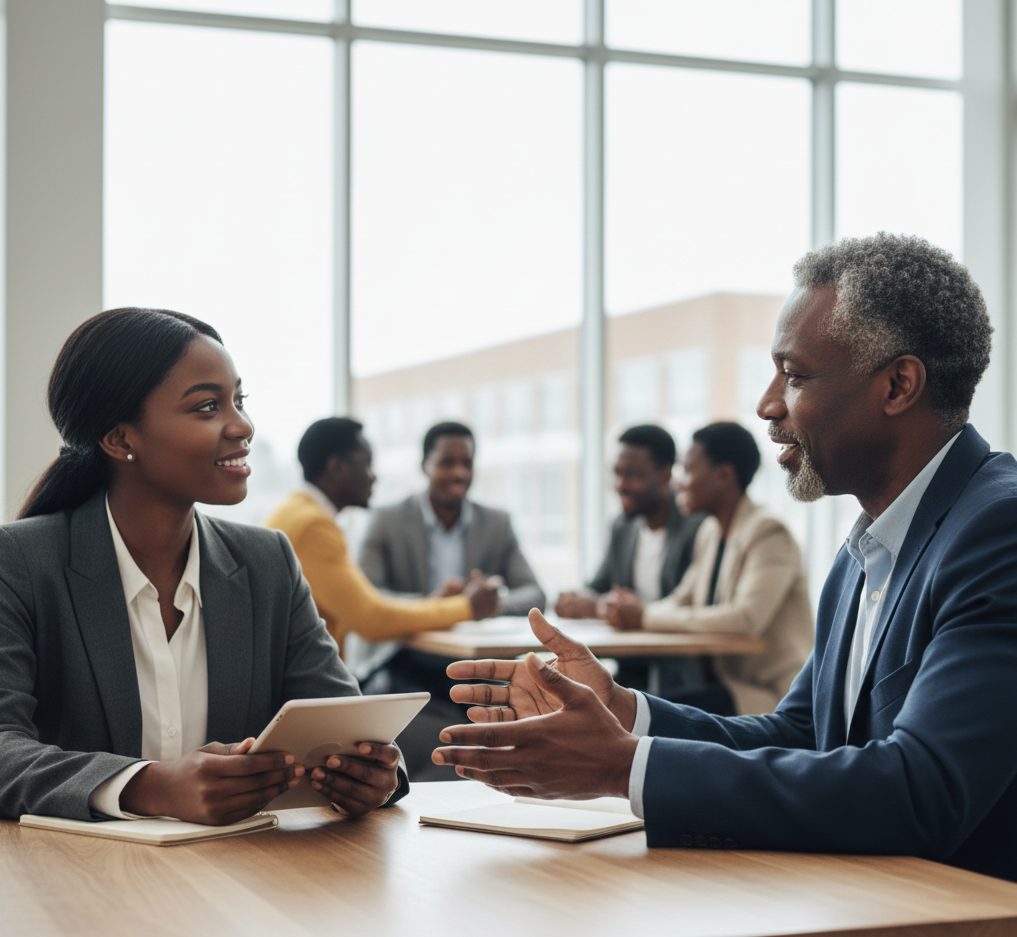 Older peer mentoring a younger peer in business